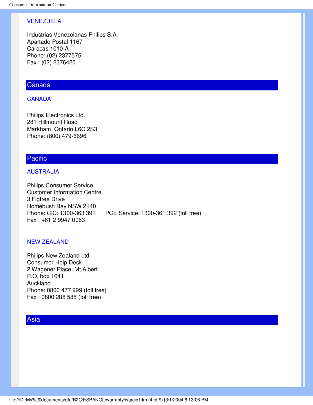 Philips 170N4 user manual Venezuela, Canada, Australia, NEW Zealand 