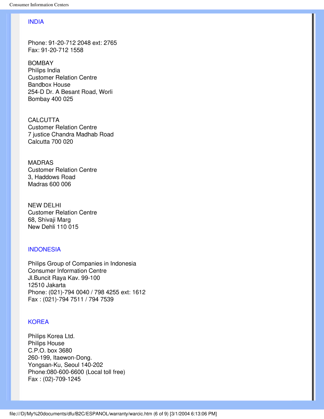 Philips 170N4 user manual India, Indonesia, Korea 