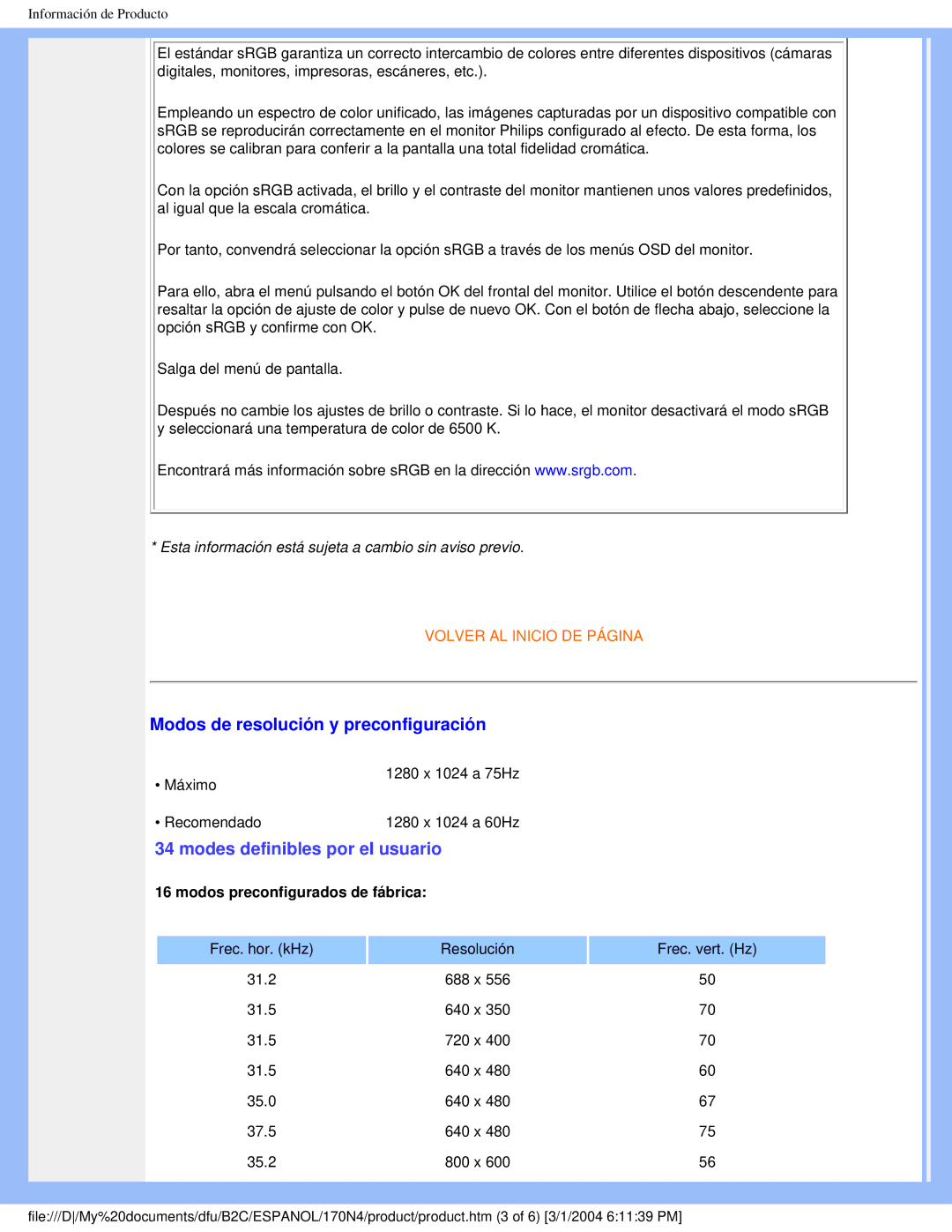 Philips 170N4 user manual Modos de resolución y preconfiguración, Modes definibles por el usuario 