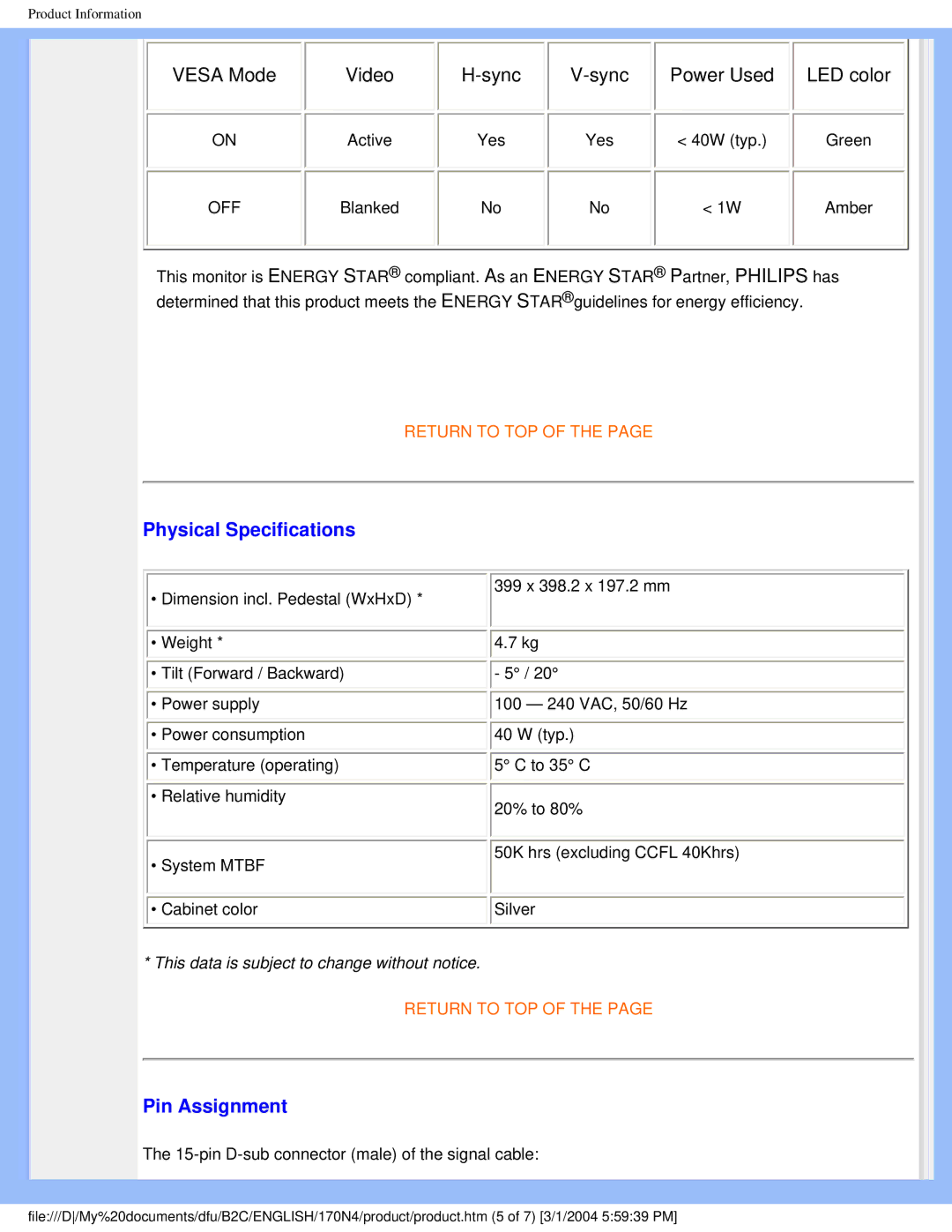 Philips 170N4 user manual Physical Specifications, Pin Assignment 