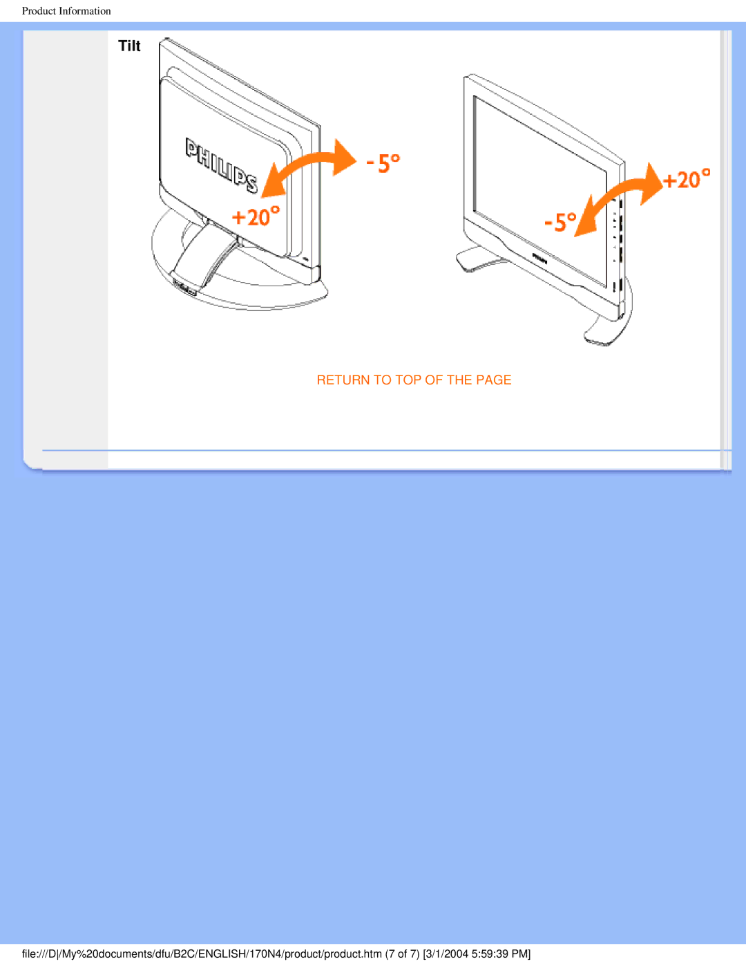 Philips 170N4 user manual Tilt 