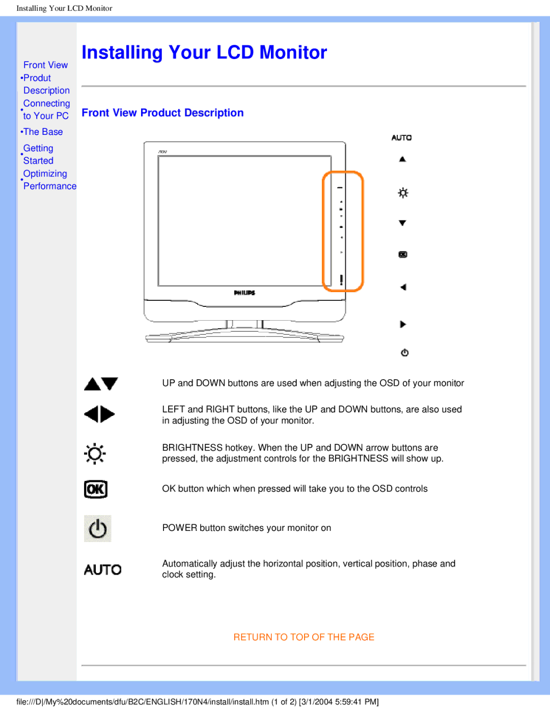 Philips 170N4 user manual Installing Your LCD Monitor, Front View Product Description 