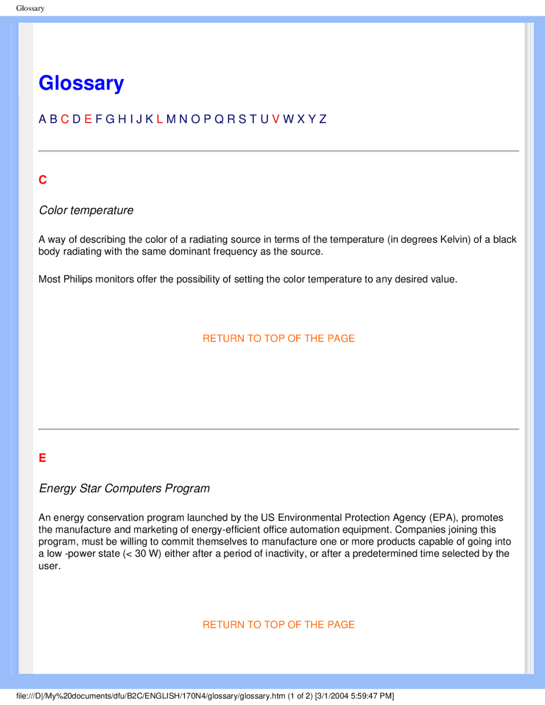 Philips 170N4 user manual Glossary 