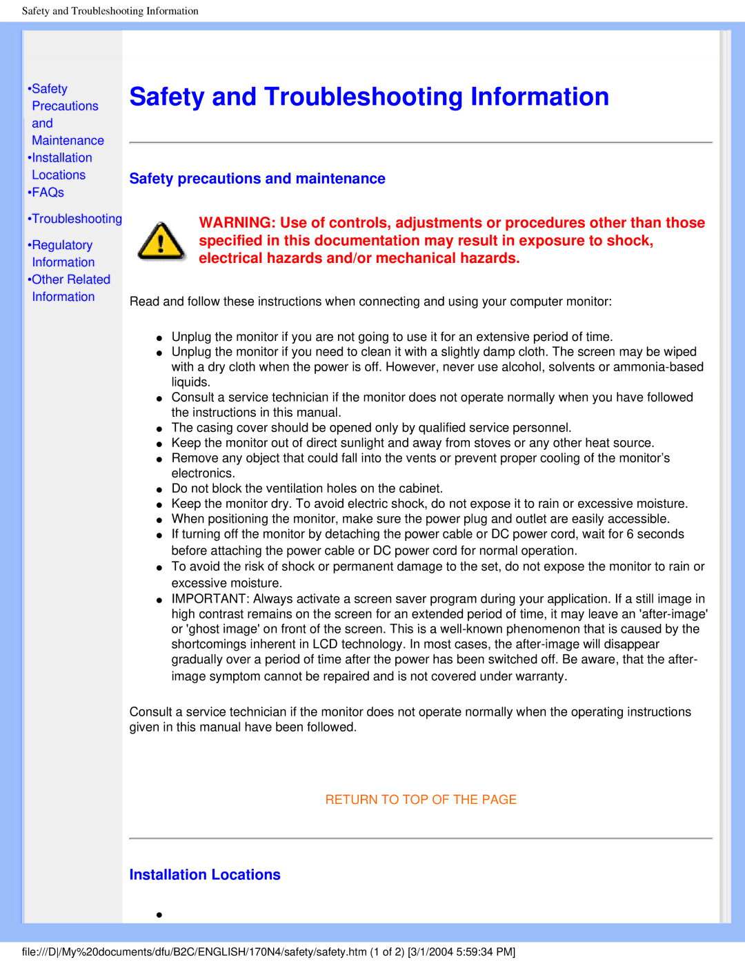 Philips 170N4 user manual Safety precautions and maintenance, Installation Locations 