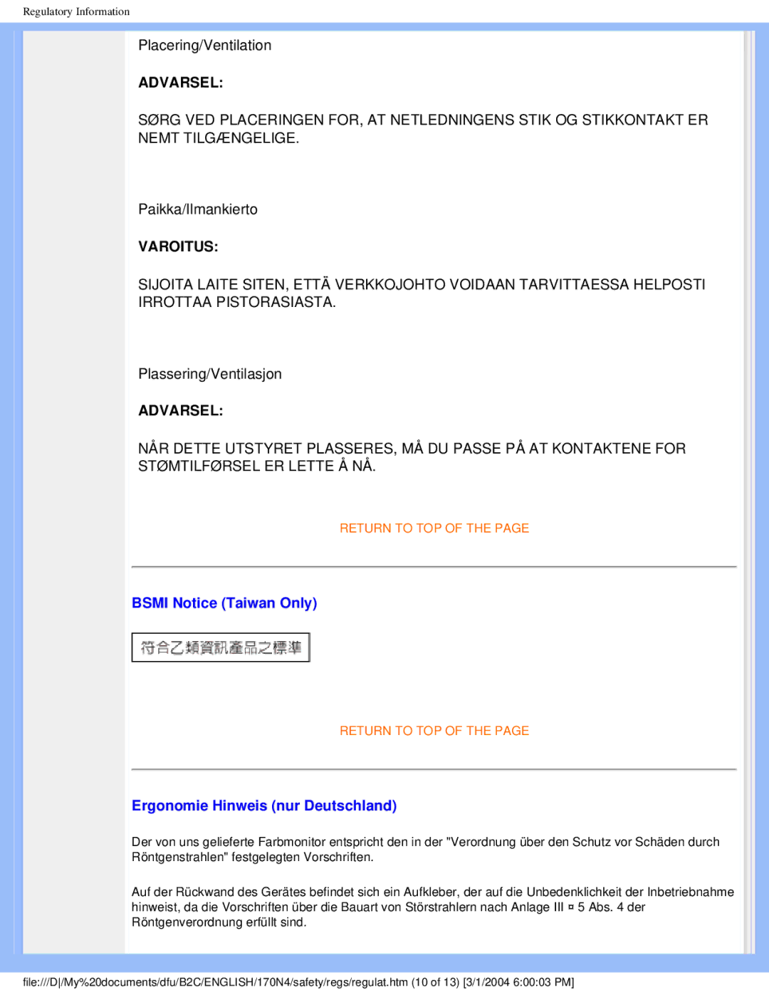 Philips 170N4 user manual Bsmi Notice Taiwan Only, Ergonomie Hinweis nur Deutschland 