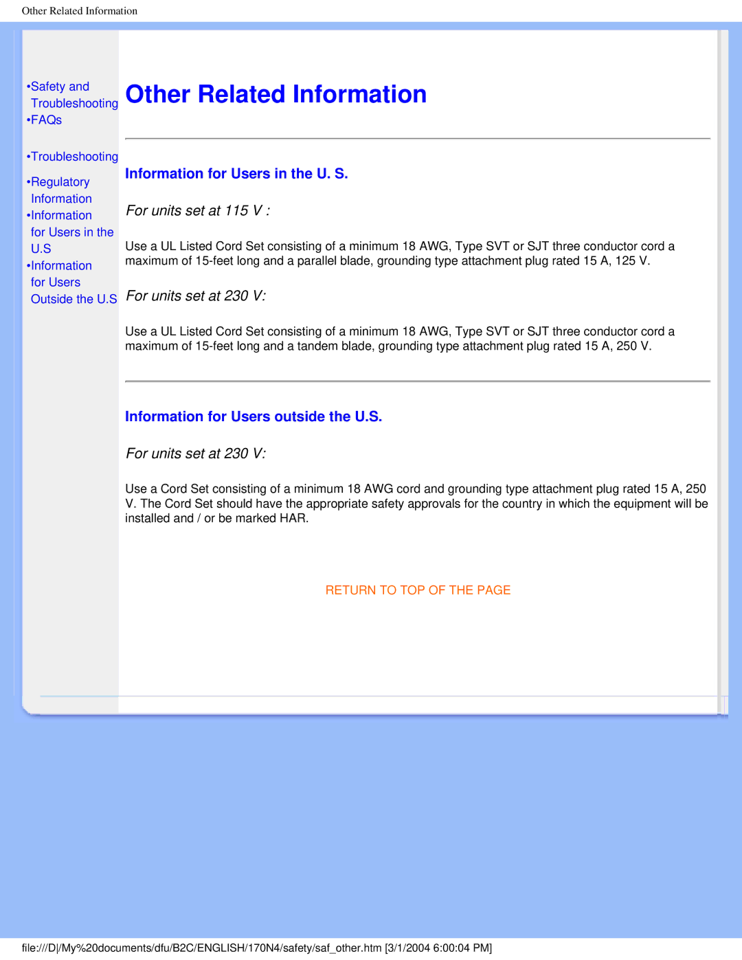 Philips 170N4 user manual Information for Users in the U. S, Information for Users outside the U.S 