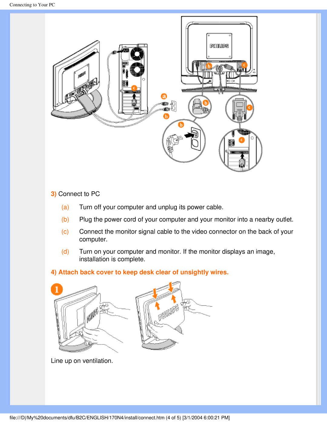 Philips 170N4 user manual Attach back cover to keep desk clear of unsightly wires 