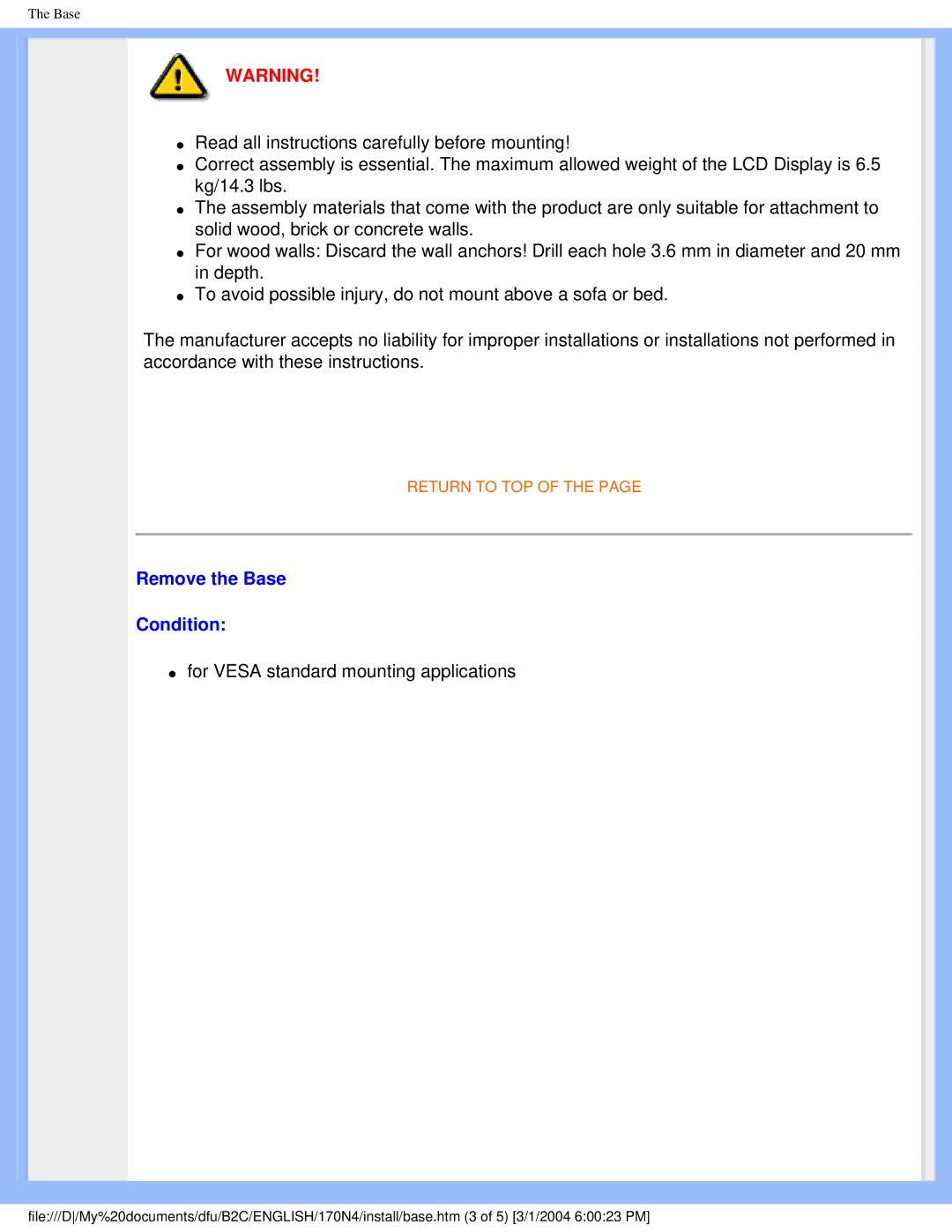 Philips 170N4 user manual Remove the Base Condition 