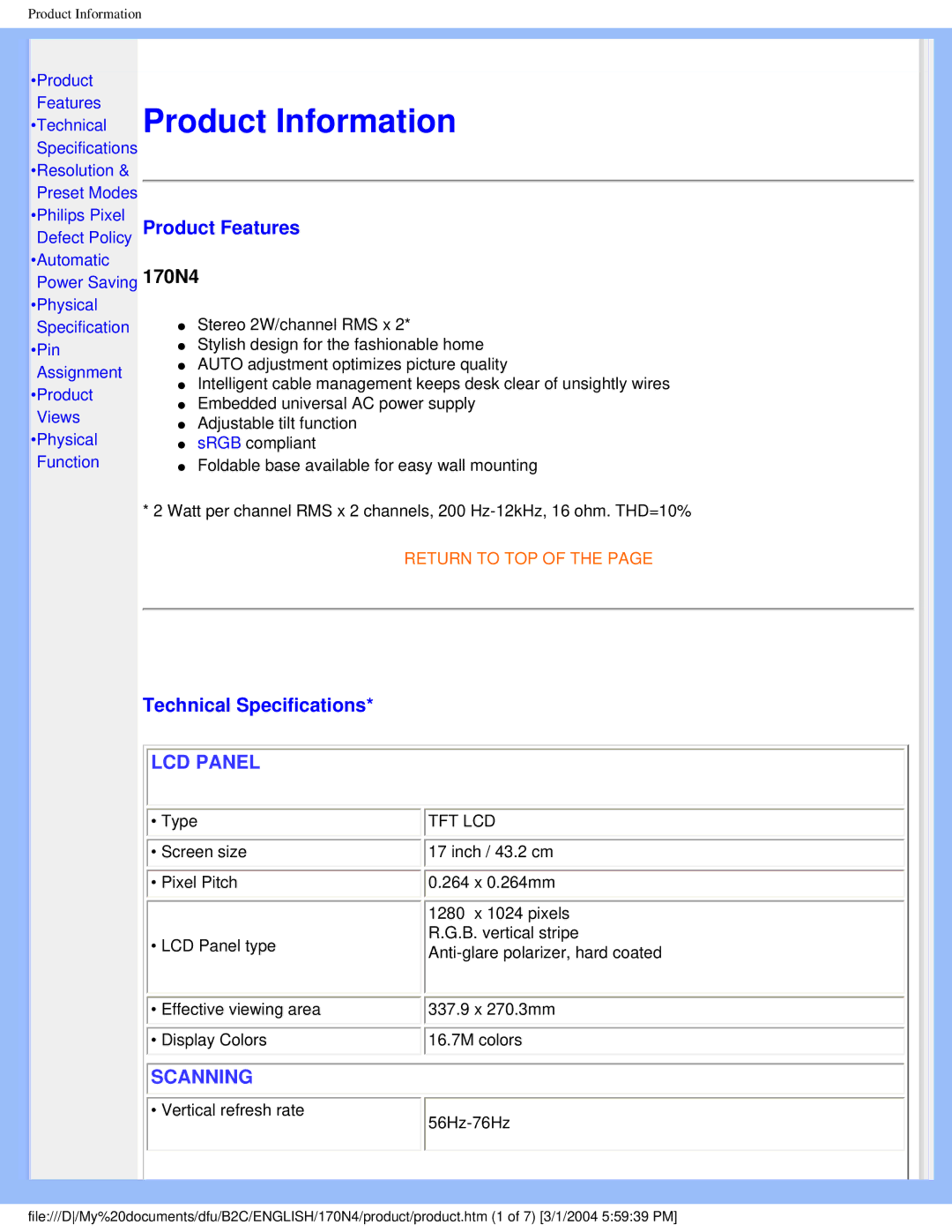 Philips 170N4 user manual Product Features, Technical Specifications 