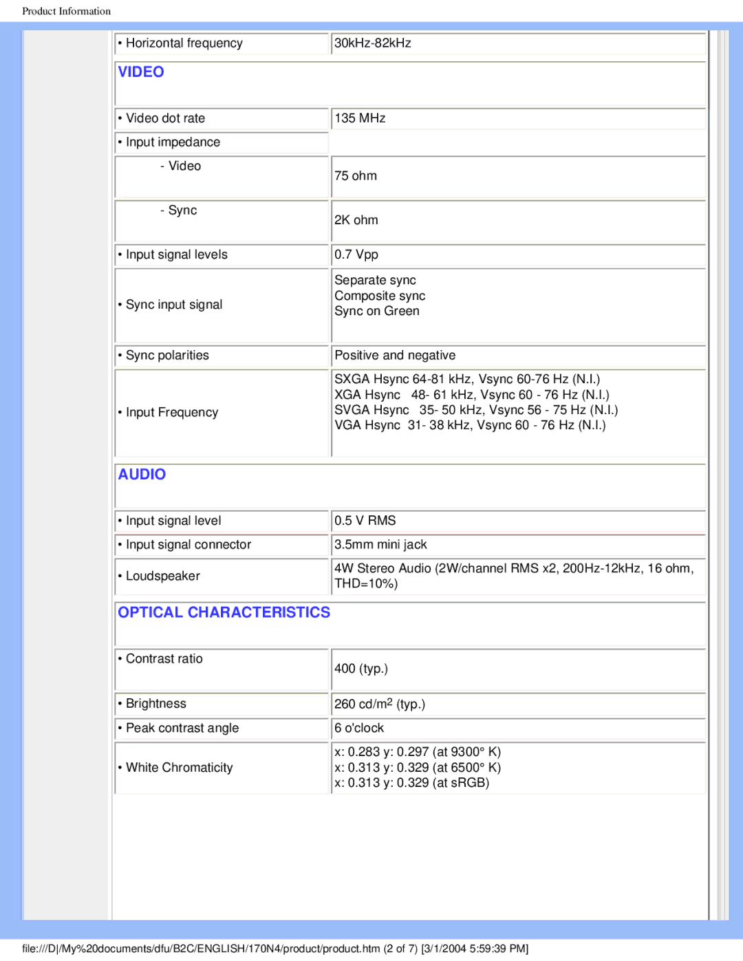 Philips 170N4 user manual Video 