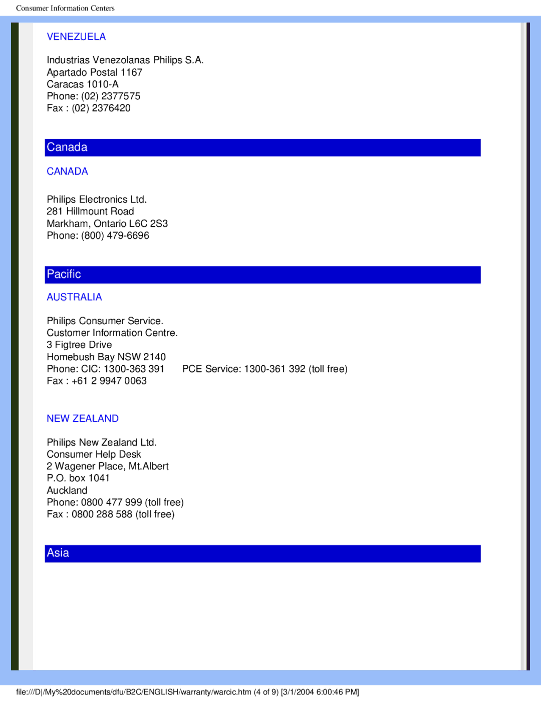 Philips 170N4 user manual Venezuela, Canada, Australia, NEW Zealand 