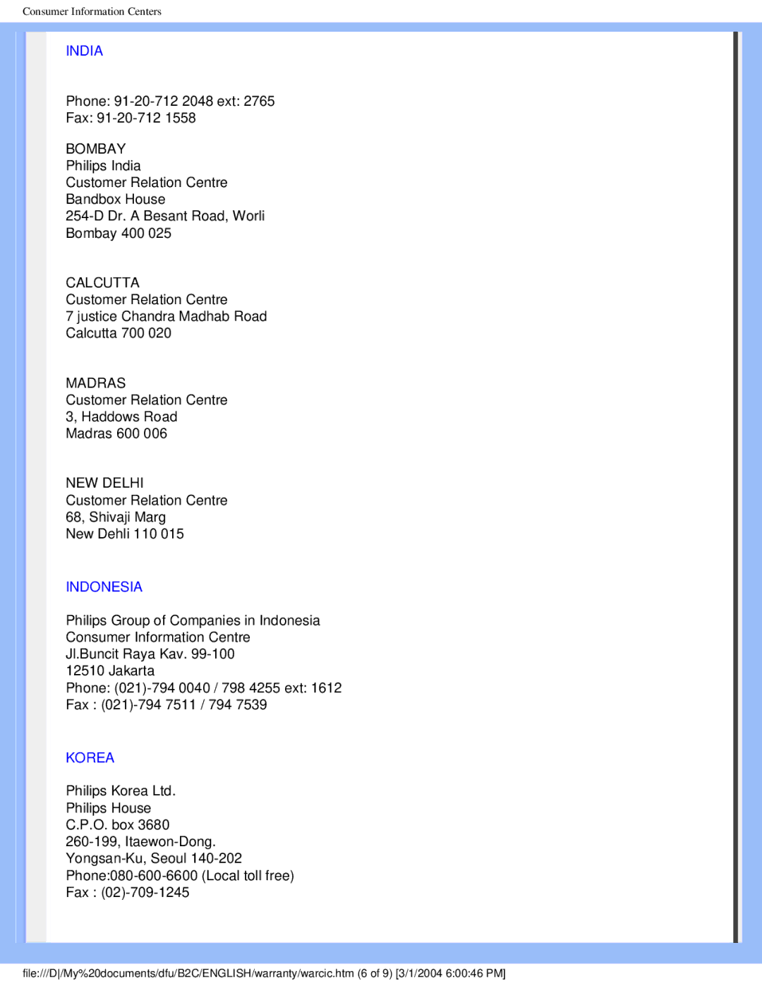 Philips 170N4 user manual India, Indonesia, Korea 