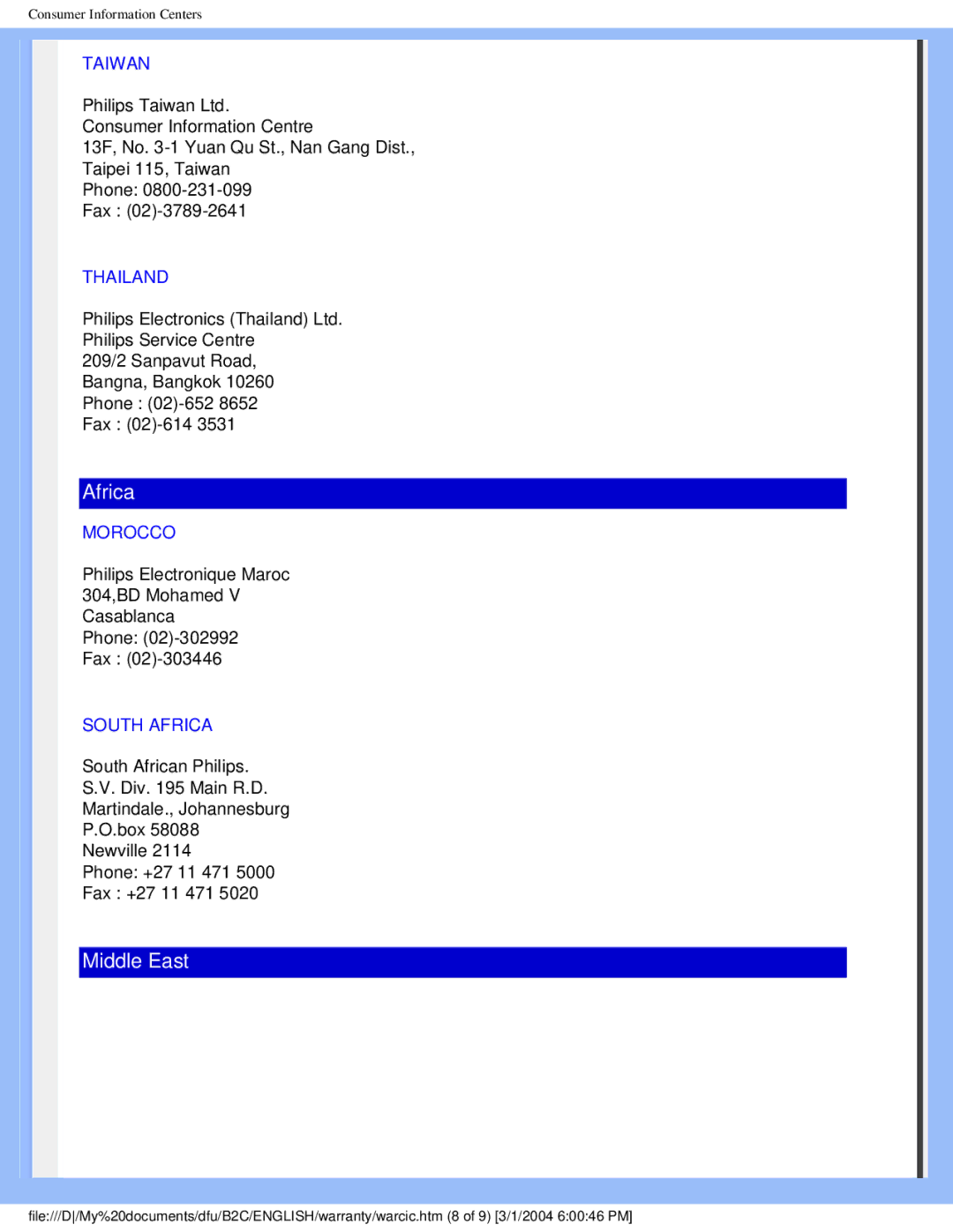 Philips 170N4 user manual Taiwan, Thailand, Morocco, South Africa 