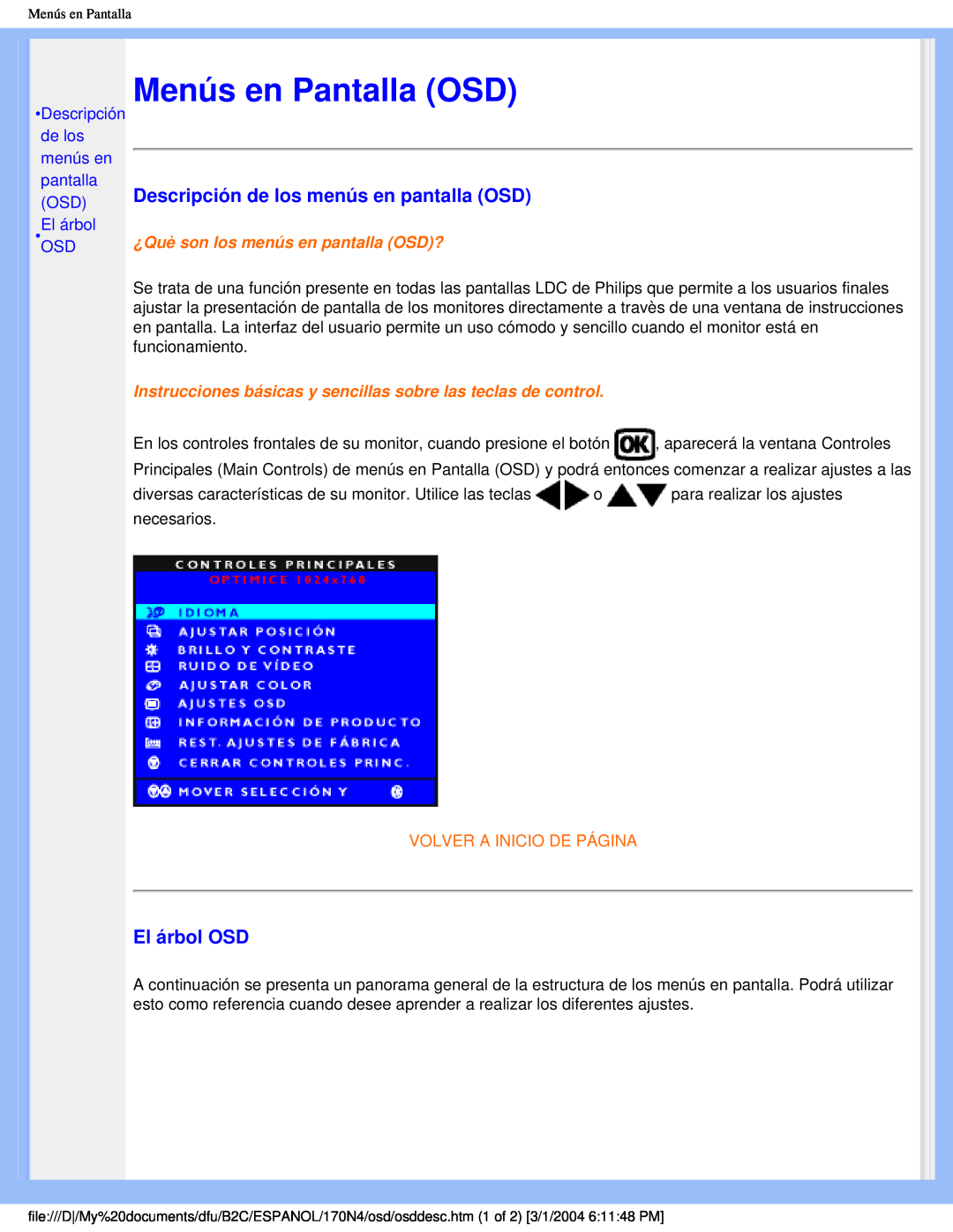 Philips 170N4 Menús en Pantalla OSD, Descripción de los menús en pantalla OSD, El árbol OSD, Volver A Inicio De Página 