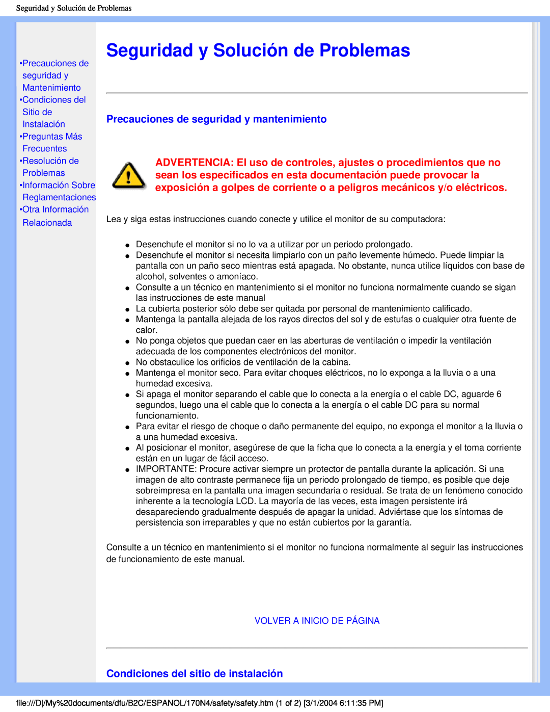 Philips 170N4 Seguridad y Solución de Problemas, Precauciones de seguridad y mantenimiento, Volver A Inicio De Página 