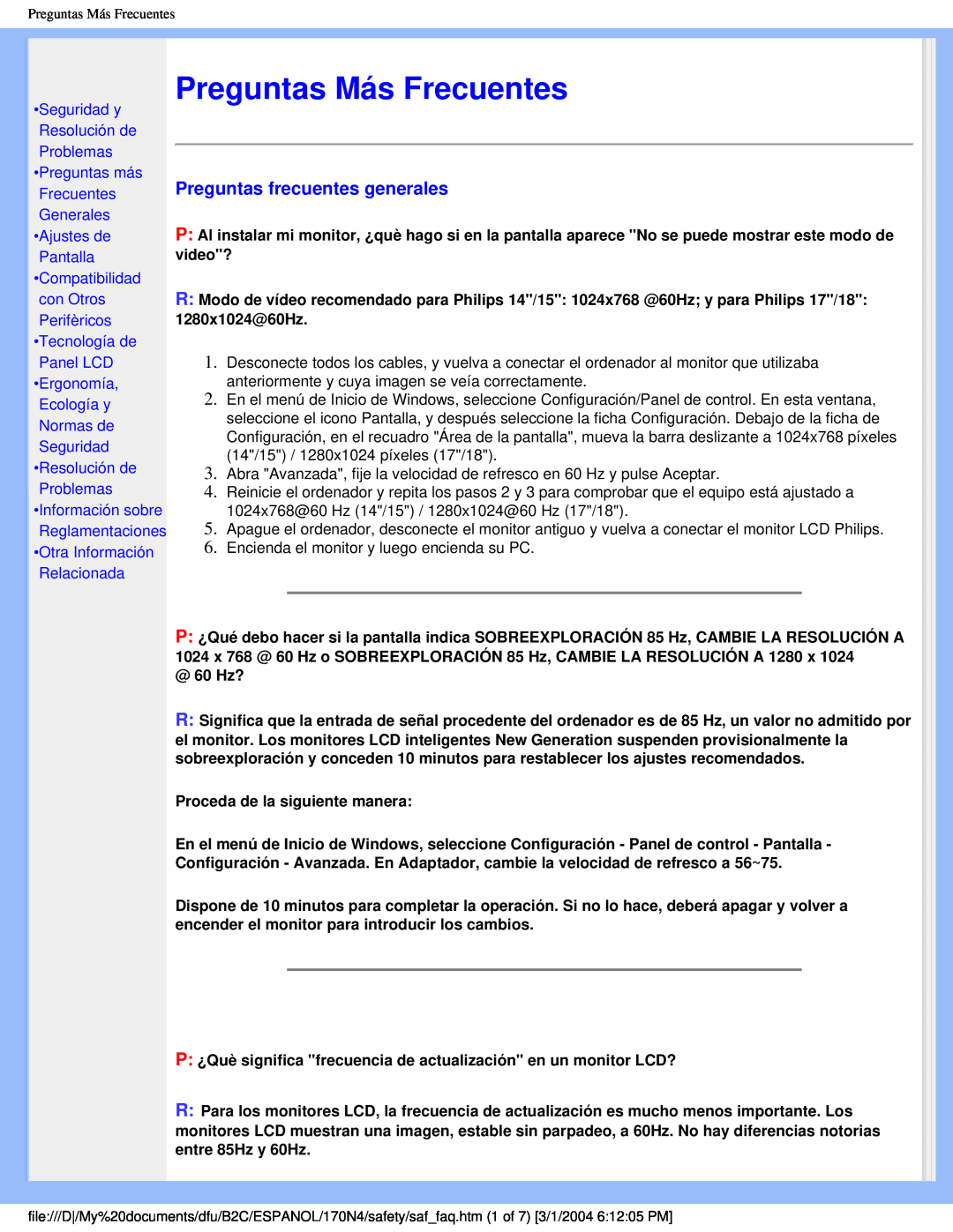 Philips 170N4 user manual Preguntas Más Frecuentes, Preguntas frecuentes generales 