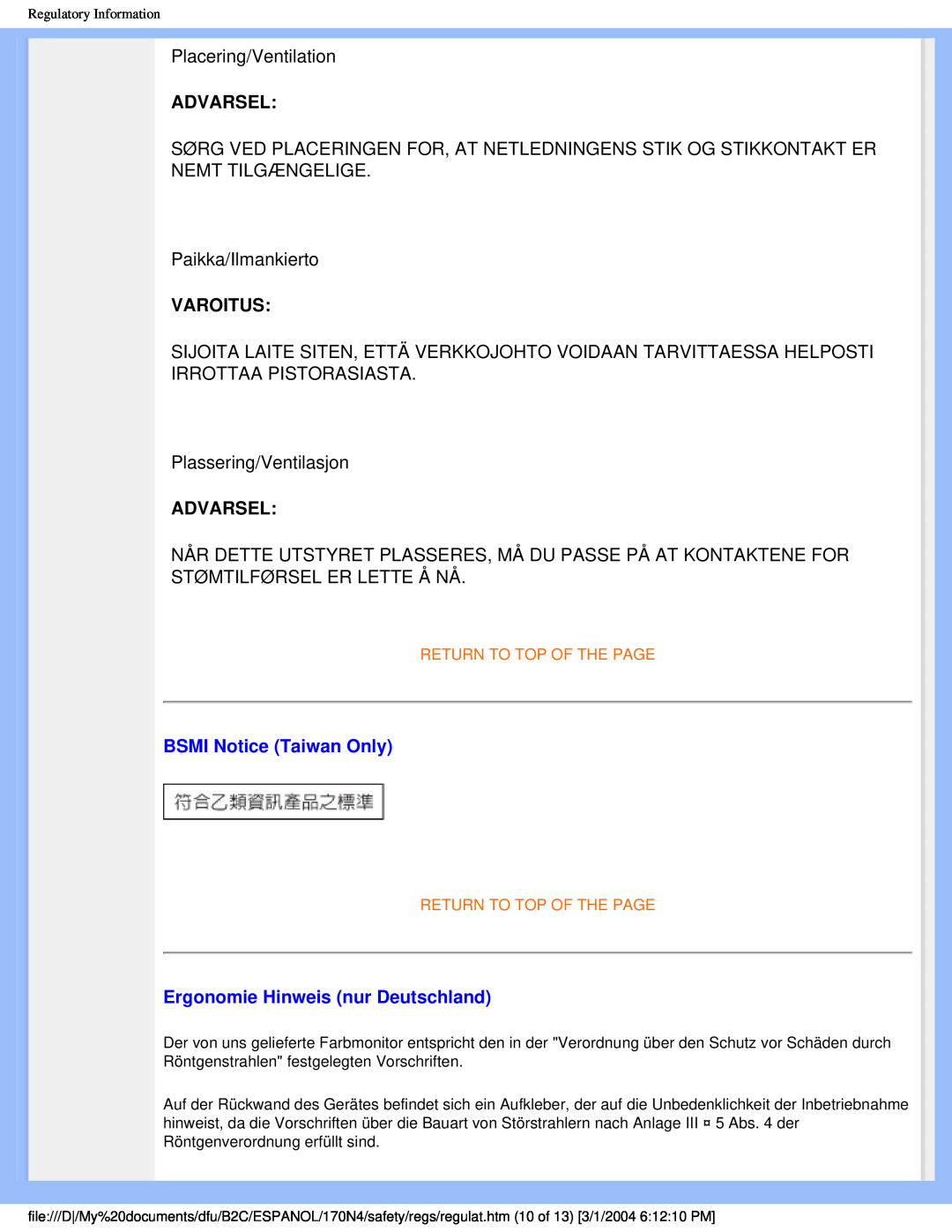 Philips 170N4 user manual Advarsel, Varoitus, BSMI Notice Taiwan Only, Ergonomie Hinweis nur Deutschland 