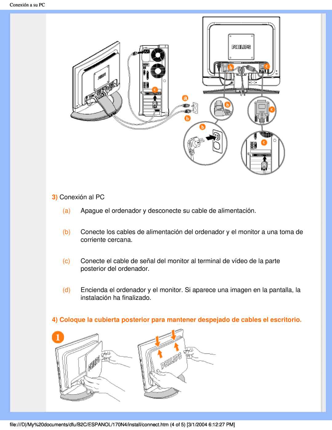 Philips 170N4 user manual 3Conexión al PC 