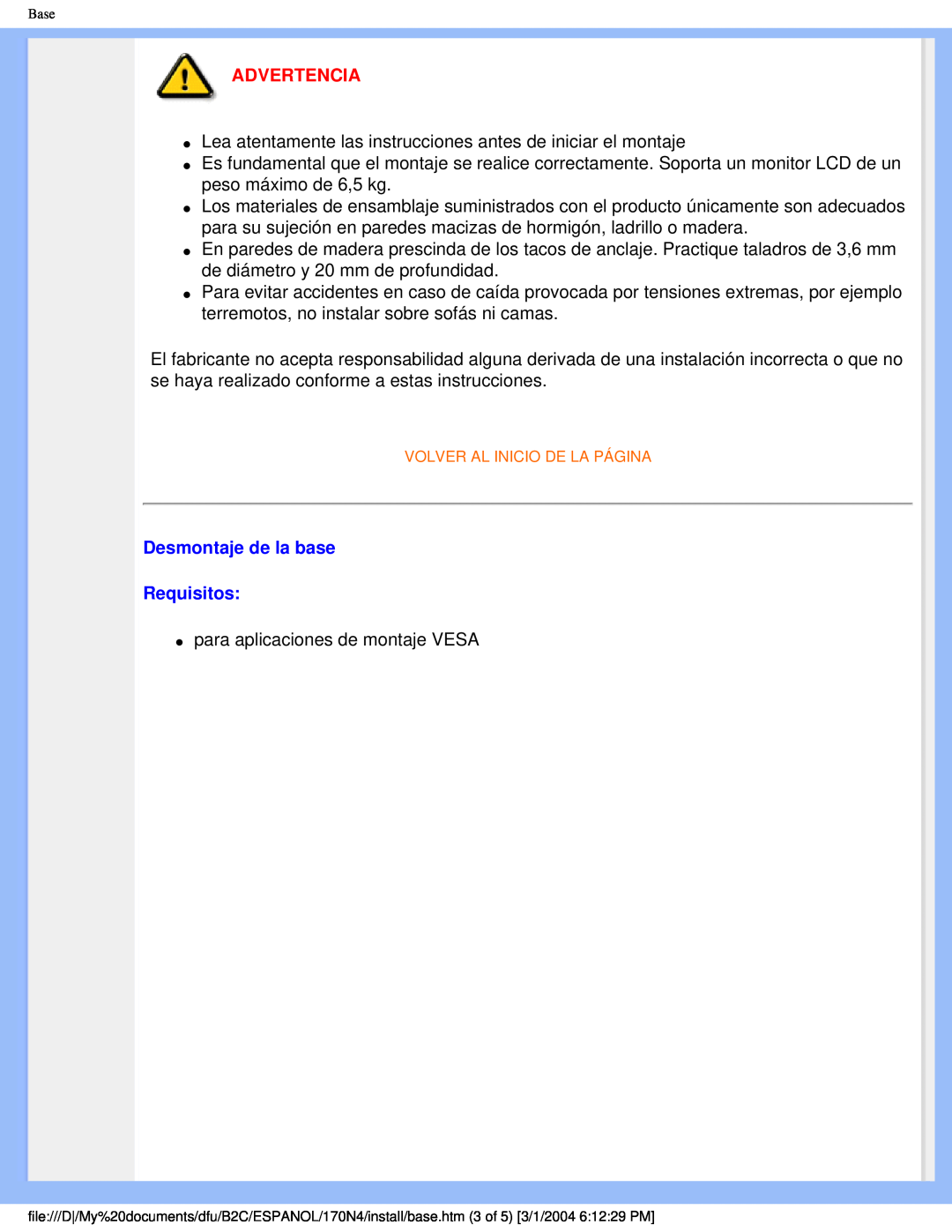 Philips 170N4 user manual Advertencia, Desmontaje de la base Requisitos 