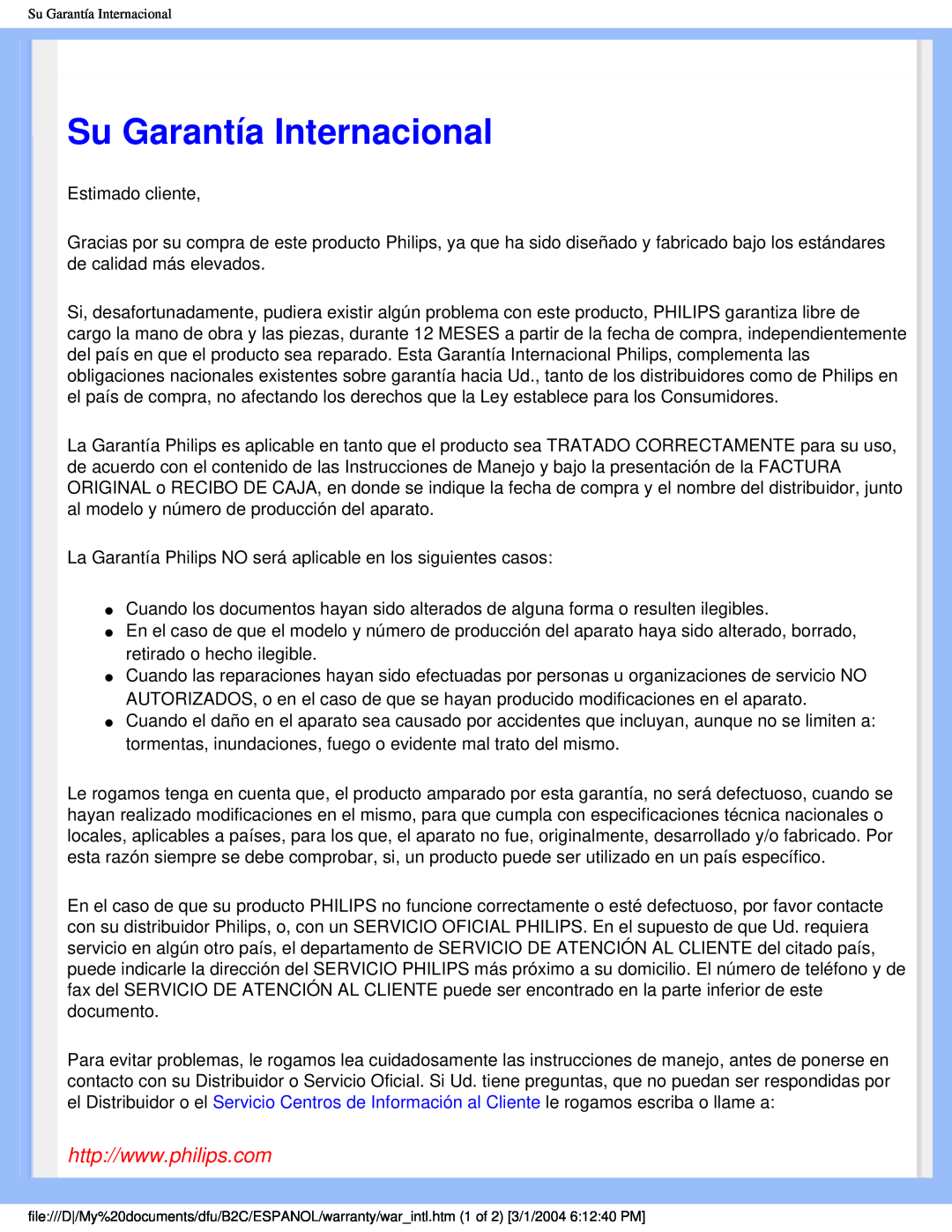 Philips 170N4 user manual Su Garantía Internacional 