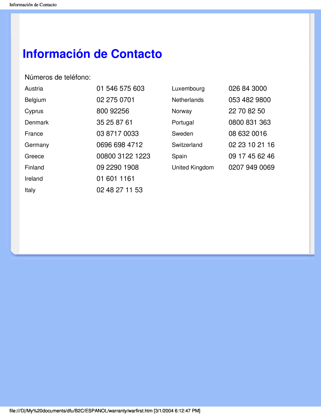 Philips 170N4 user manual Información de Contacto 