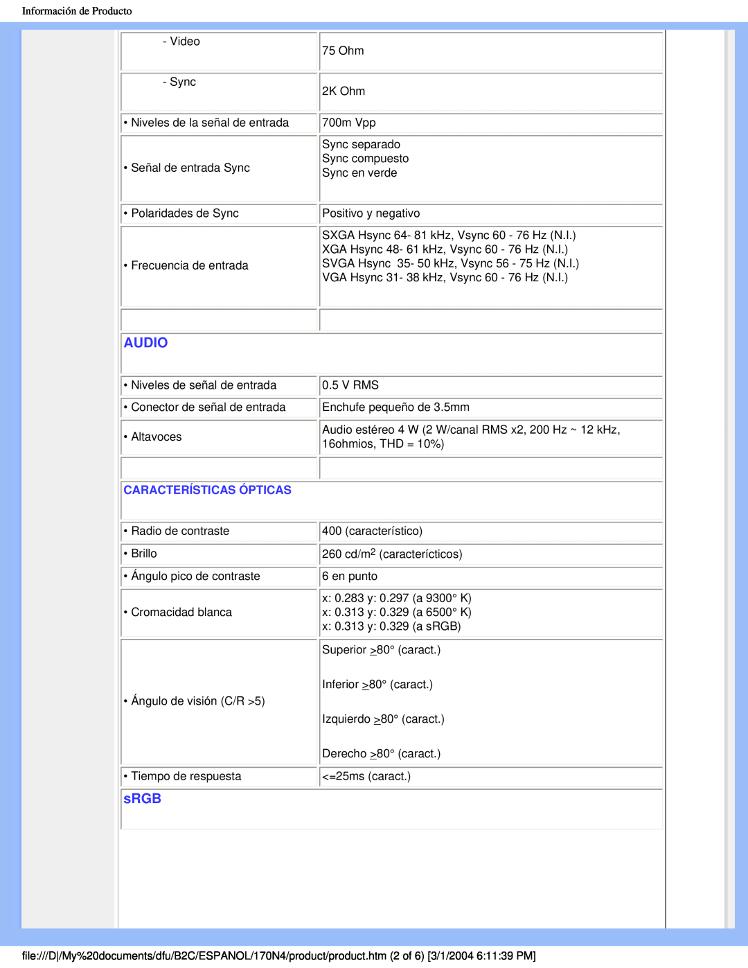 Philips 170N4 user manual Audio, sRGB, Características Ópticas 