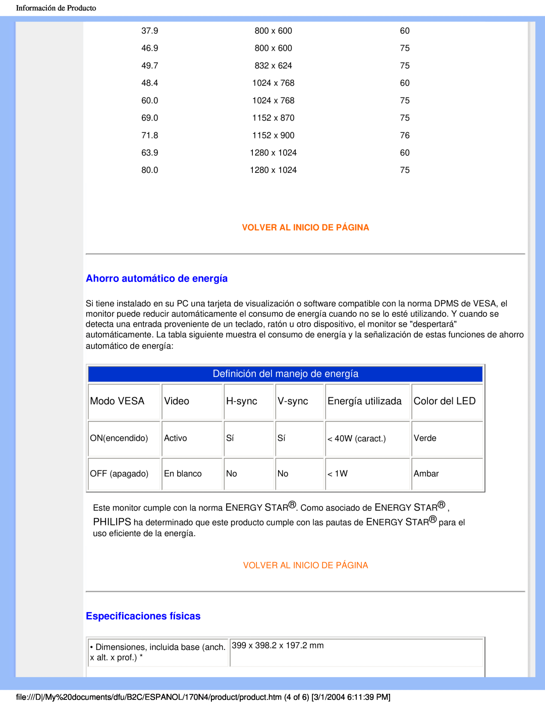 Philips 170N4 user manual Ahorro automático de energía, Definición del manejo de energía, Especificaciones físicas 
