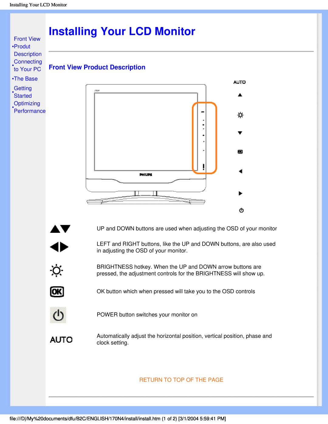 Philips 170N4 Installing Your LCD Monitor, Front View Product Description, Front View Produt Description, The Base 