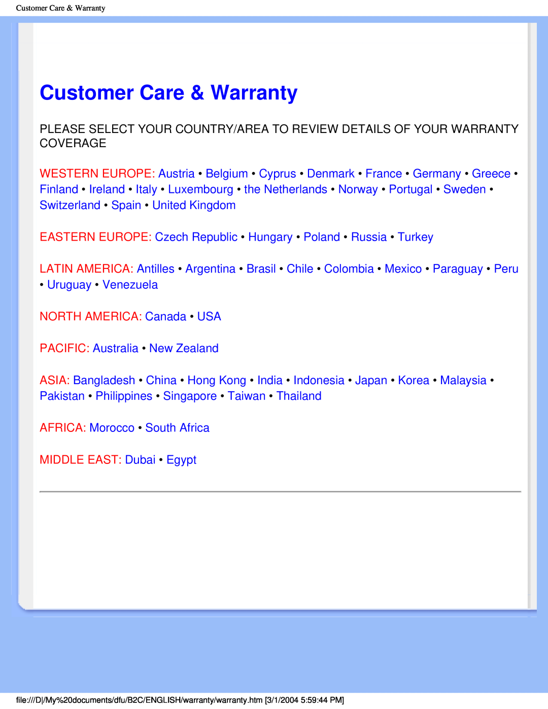 Philips 170N4 user manual Customer Care & Warranty, NORTH AMERICA Canada USA, MIDDLE EAST Dubai Egypt 