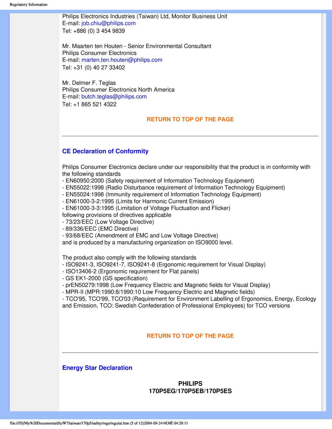 Philips 170p5 user manual CE Declaration of Conformity, Energy Star Declaration, PHILIPS 170P5EG/170P5EB/170P5ES 