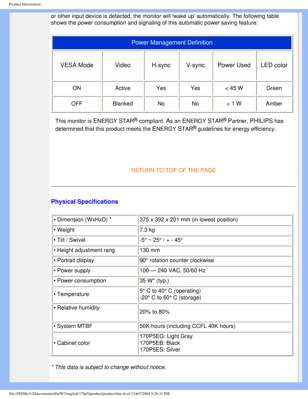 Philips 170p5 user manual Sync Power Used LED color, Physical Specifications 