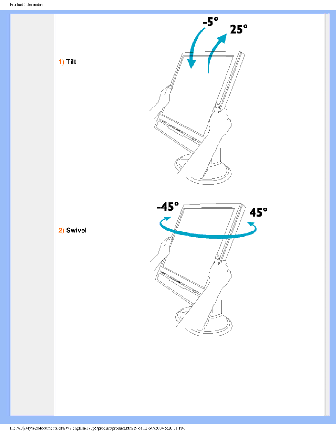 Philips 170p5 user manual Tilt Swivel 