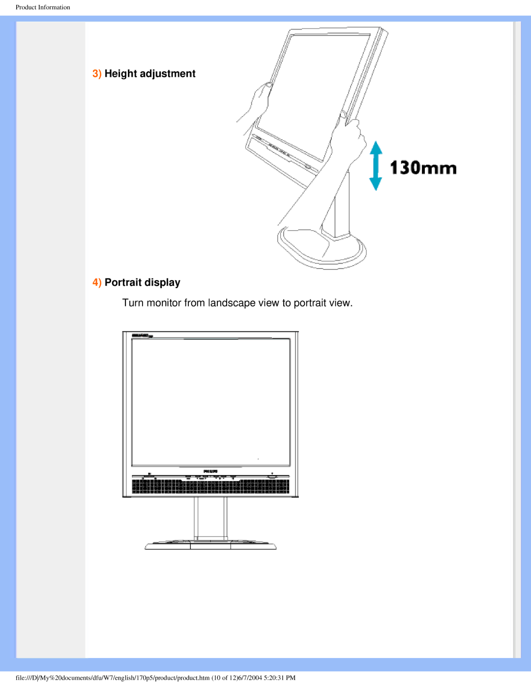 Philips 170p5 user manual Height adjustment Portrait display, Turn monitor from landscape view to portrait view 