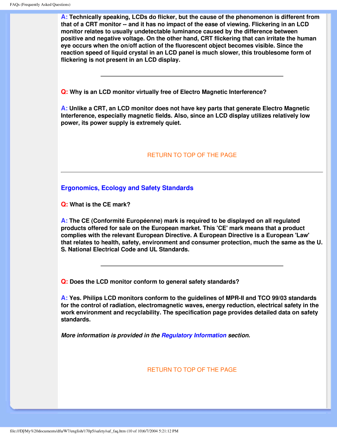 Philips 170p5 user manual Ergonomics, Ecology and Safety Standards 