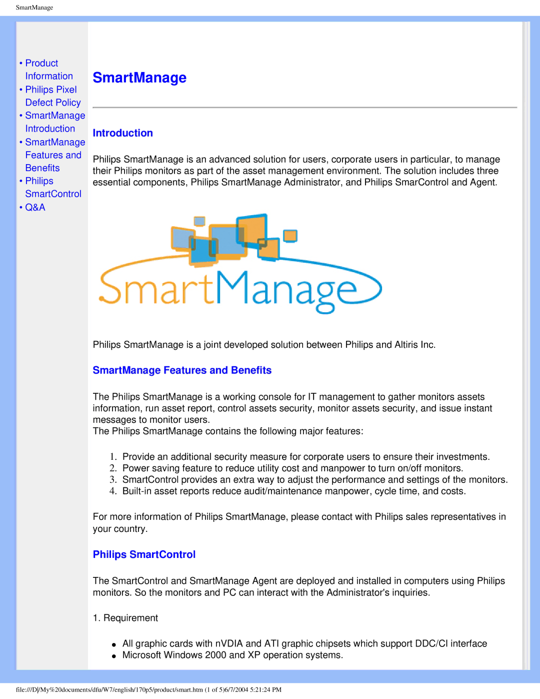 Philips 170p5 user manual Introduction, SmartManage Features and Benefits, Philips SmartControl 