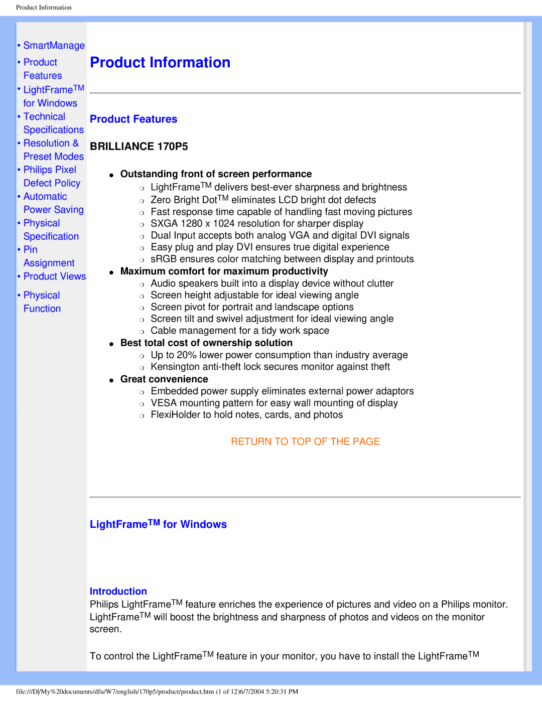 Philips 170p5 user manual Product Features, LightFrameTM for Windows, Introduction 