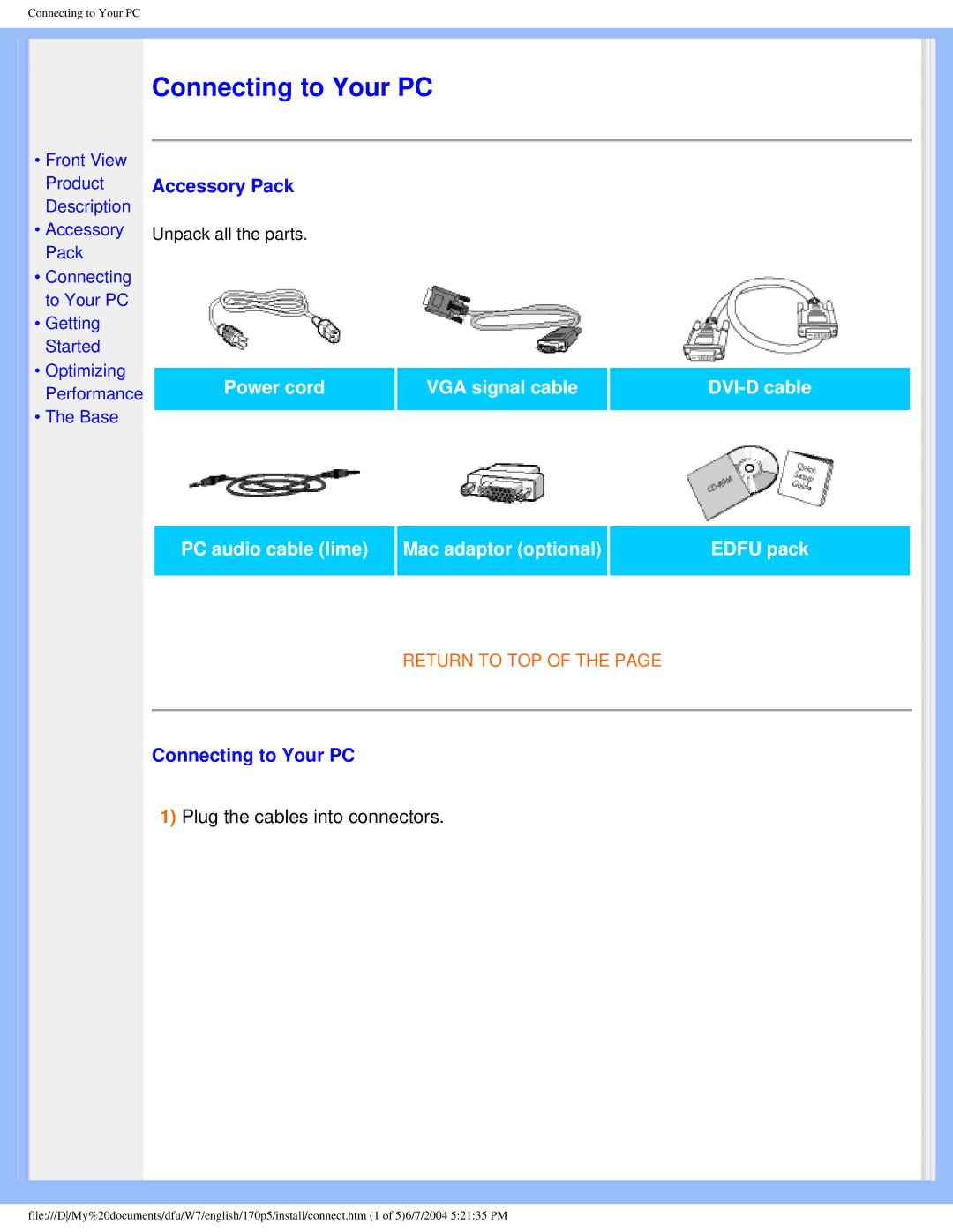 Philips 170p5 user manual Accessory Pack, Connecting to Your PC, Plug the cables into connectors 