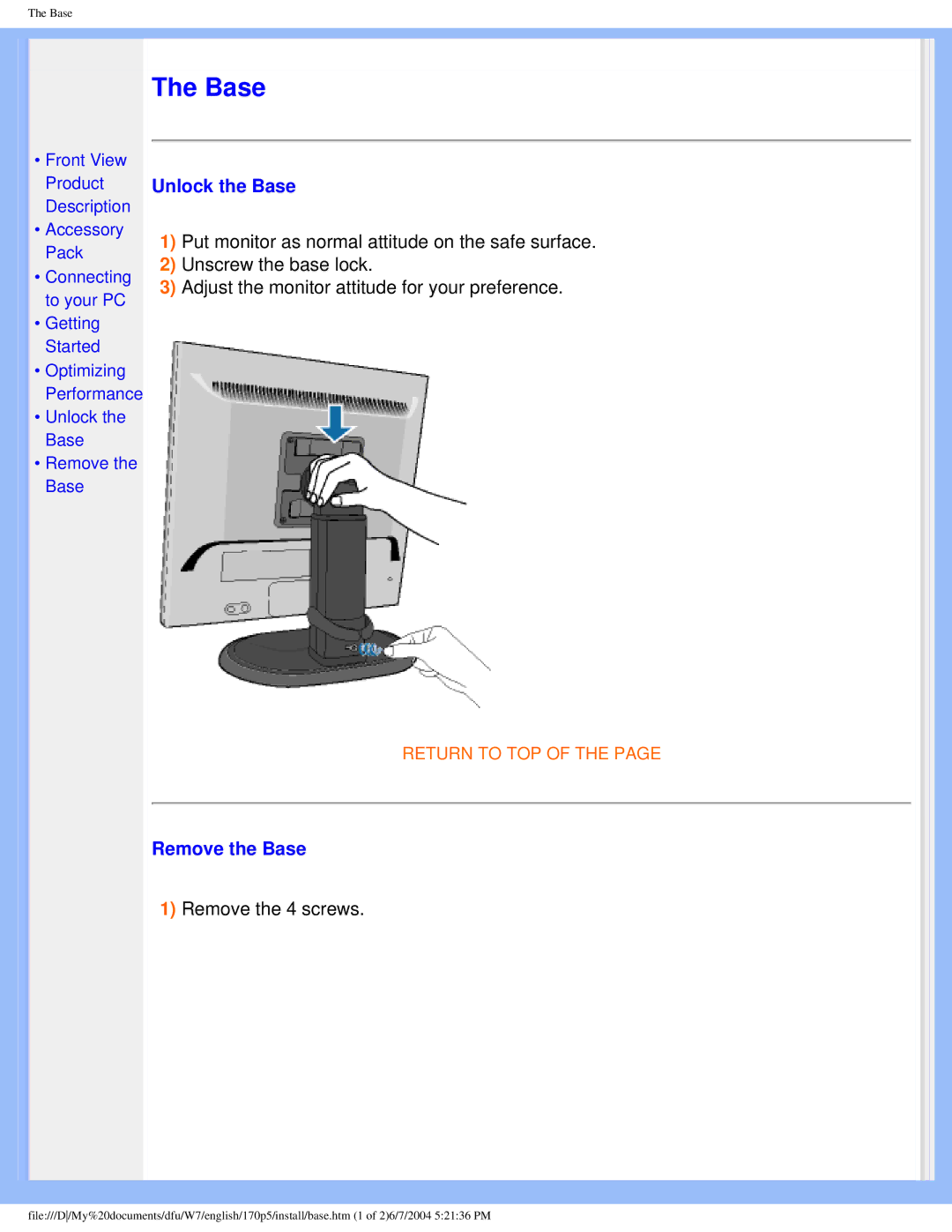 Philips 170p5 user manual Unlock the Base, Remove the Base, Remove the 4 screws 