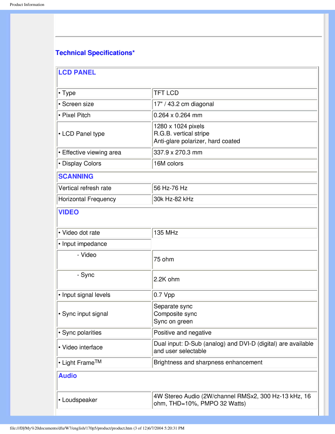 Philips 170p5 user manual Technical Specifications, Video 