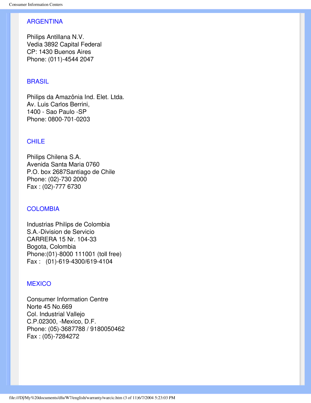 Philips 170p5 user manual Argentina, Brasil, Chile, Colombia, Mexico 