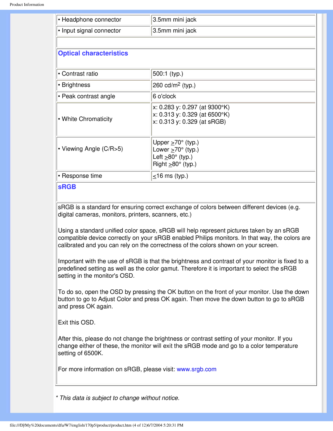 Philips 170p5 user manual Optical characteristics 