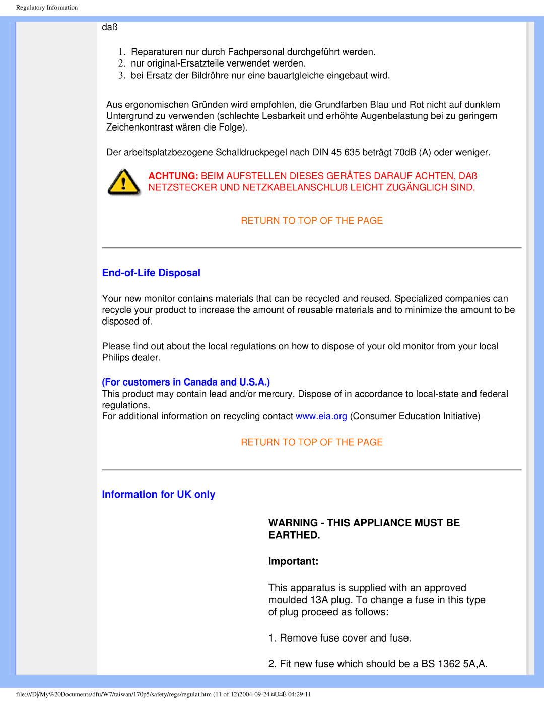 Philips 170p5 user manual End-of-Life Disposal, Information for UK only 