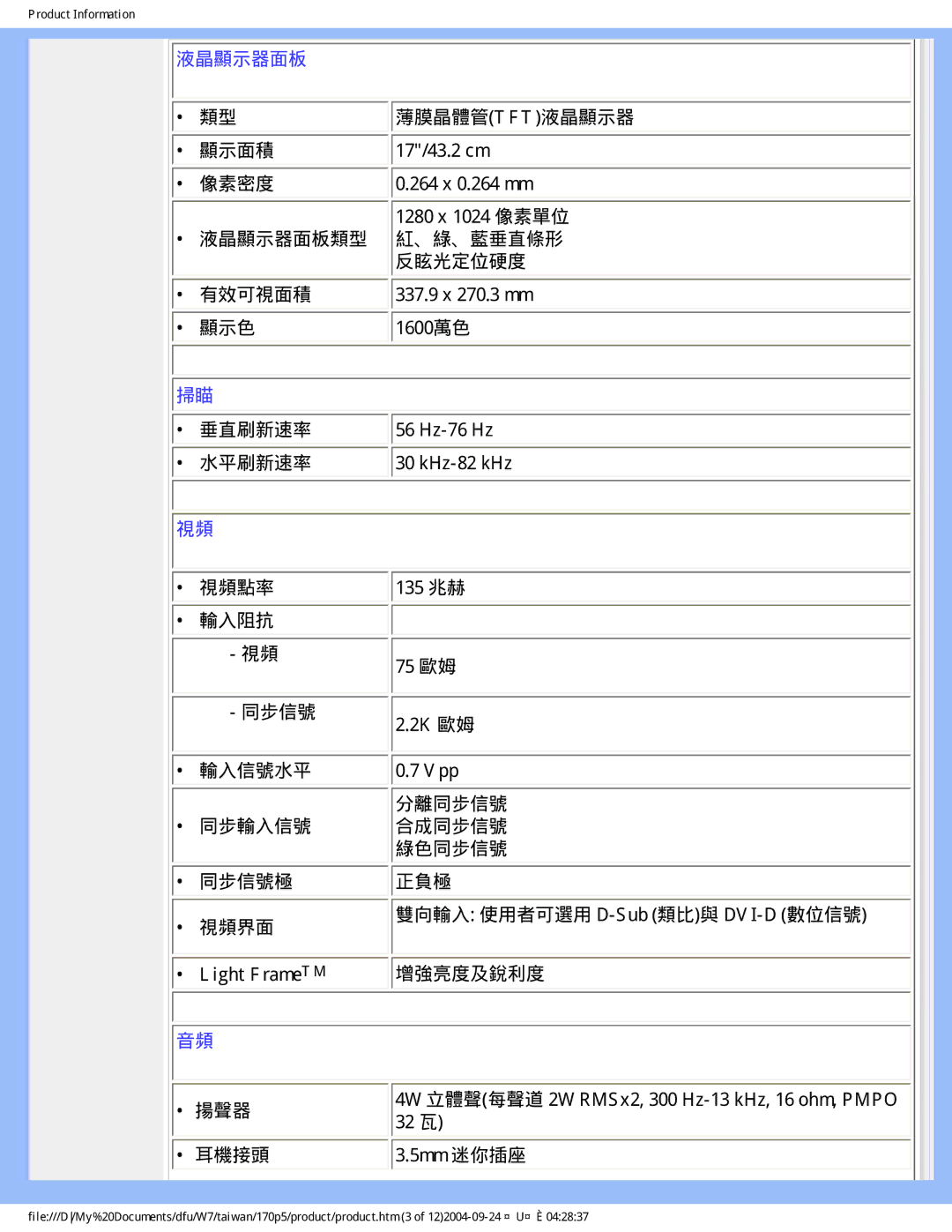 Philips 170p5 user manual 液晶顯示器面板 