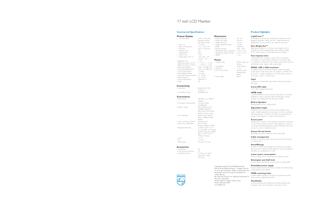 Philips 170P5EG specifications Picture/ Display, Connectivity, Dimensions, Power, Convenience, Accessories 