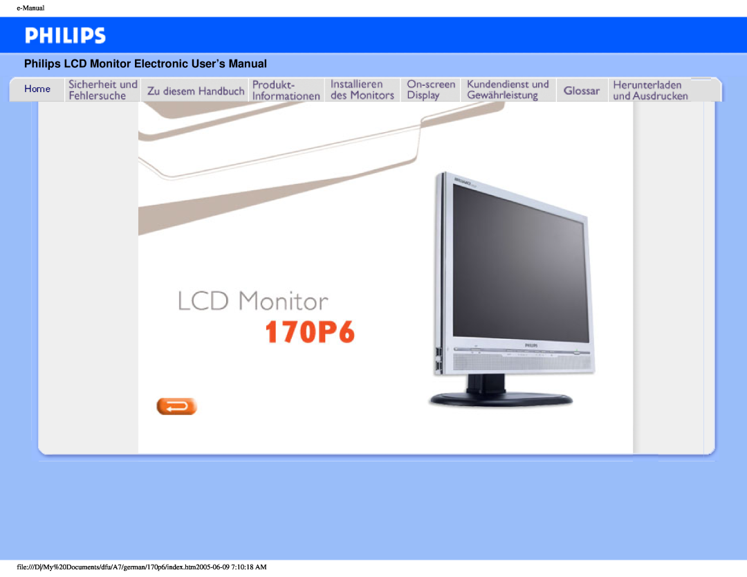 Philips 170p6 user manual Philips LCD Monitor Electronic User’s Manual, e-Manual 