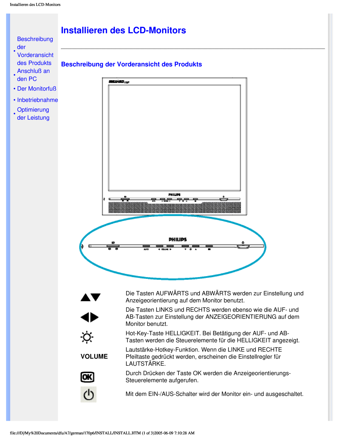 Philips 170p6 user manual Installieren des LCD-Monitors, Beschreibung der Vorderansicht des Produkts 