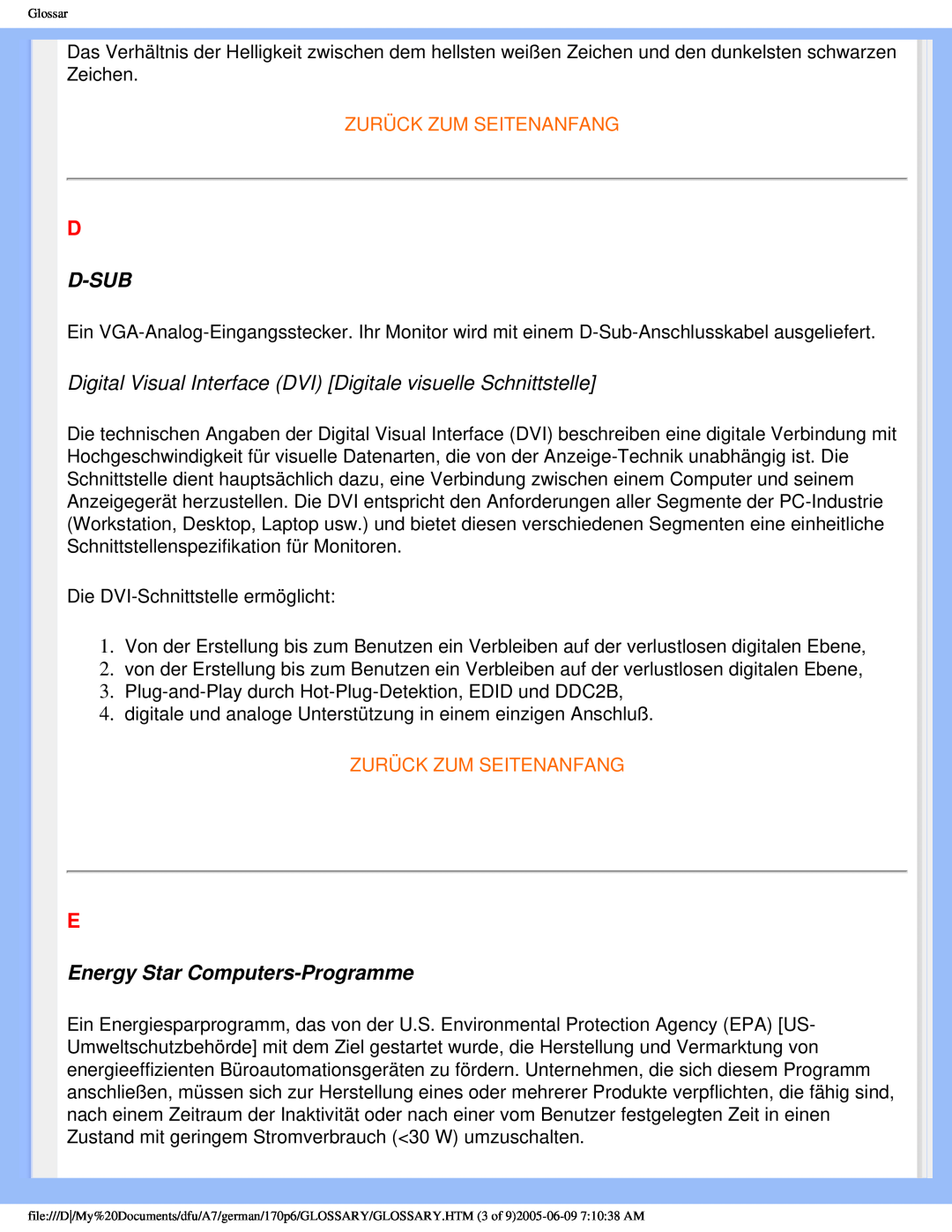 Philips 170p6 user manual D-Sub, Energy Star Computers-Programme, Zurück Zum Seitenanfang 