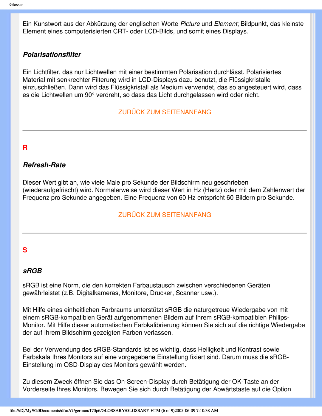 Philips 170p6 user manual Polarisationsfilter, Refresh-Rate, sRGB, Zurück Zum Seitenanfang 