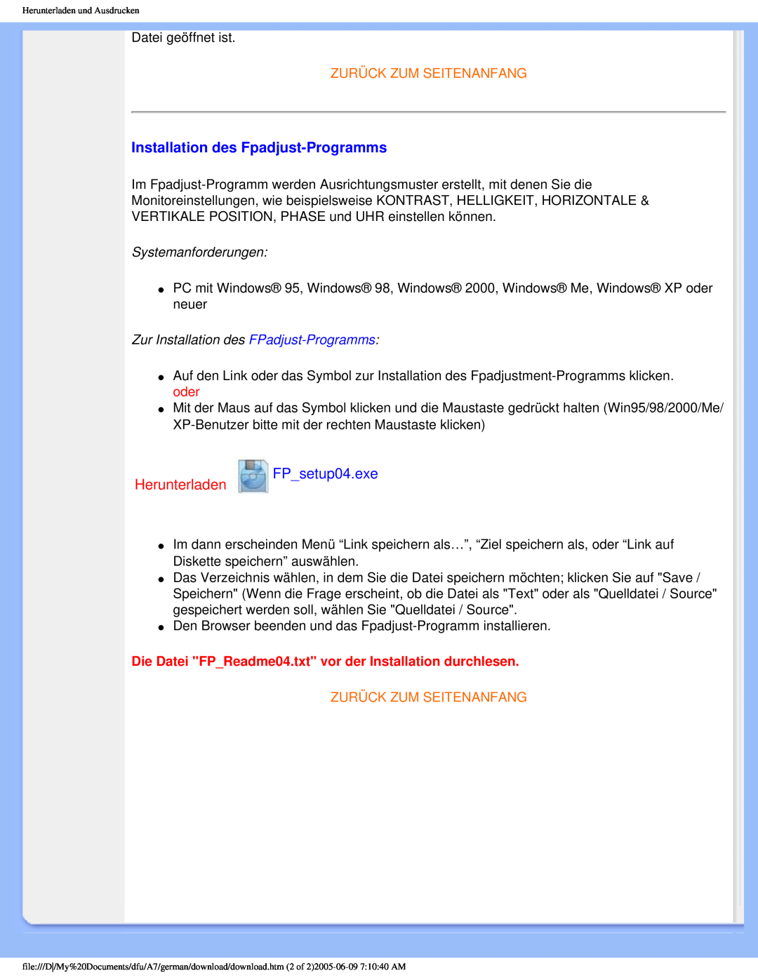 Philips 170p6 user manual Installation des Fpadjust-Programms, Zurück Zum Seitenanfang, Systemanforderungen 