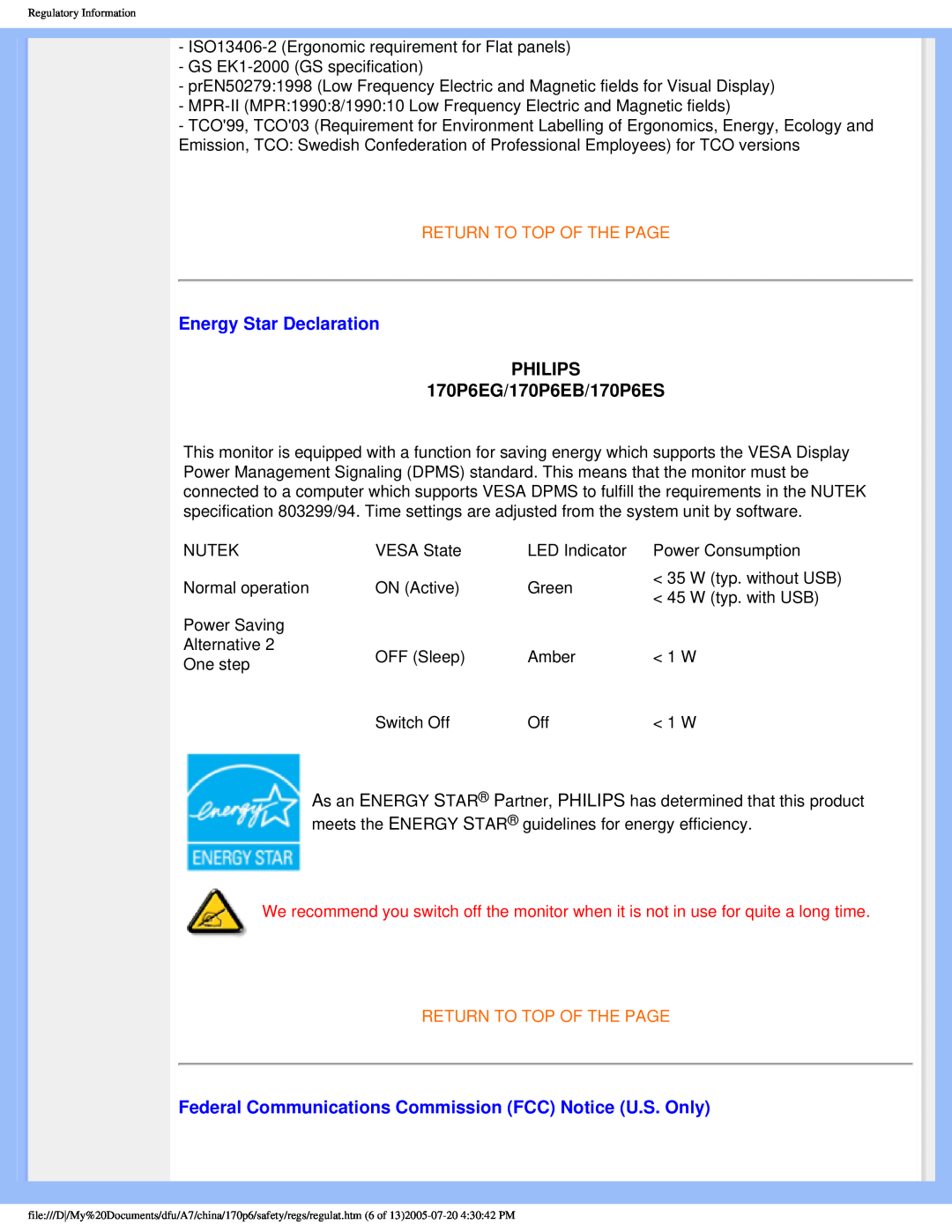Philips 170p6 user manual Energy Star Declaration, PHILIPS 170P6EG/170P6EB/170P6ES, Return To Top Of The Page 
